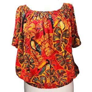 Christian Siriano Womens Top Tropical Print Bright Orange Round Neck Size XL